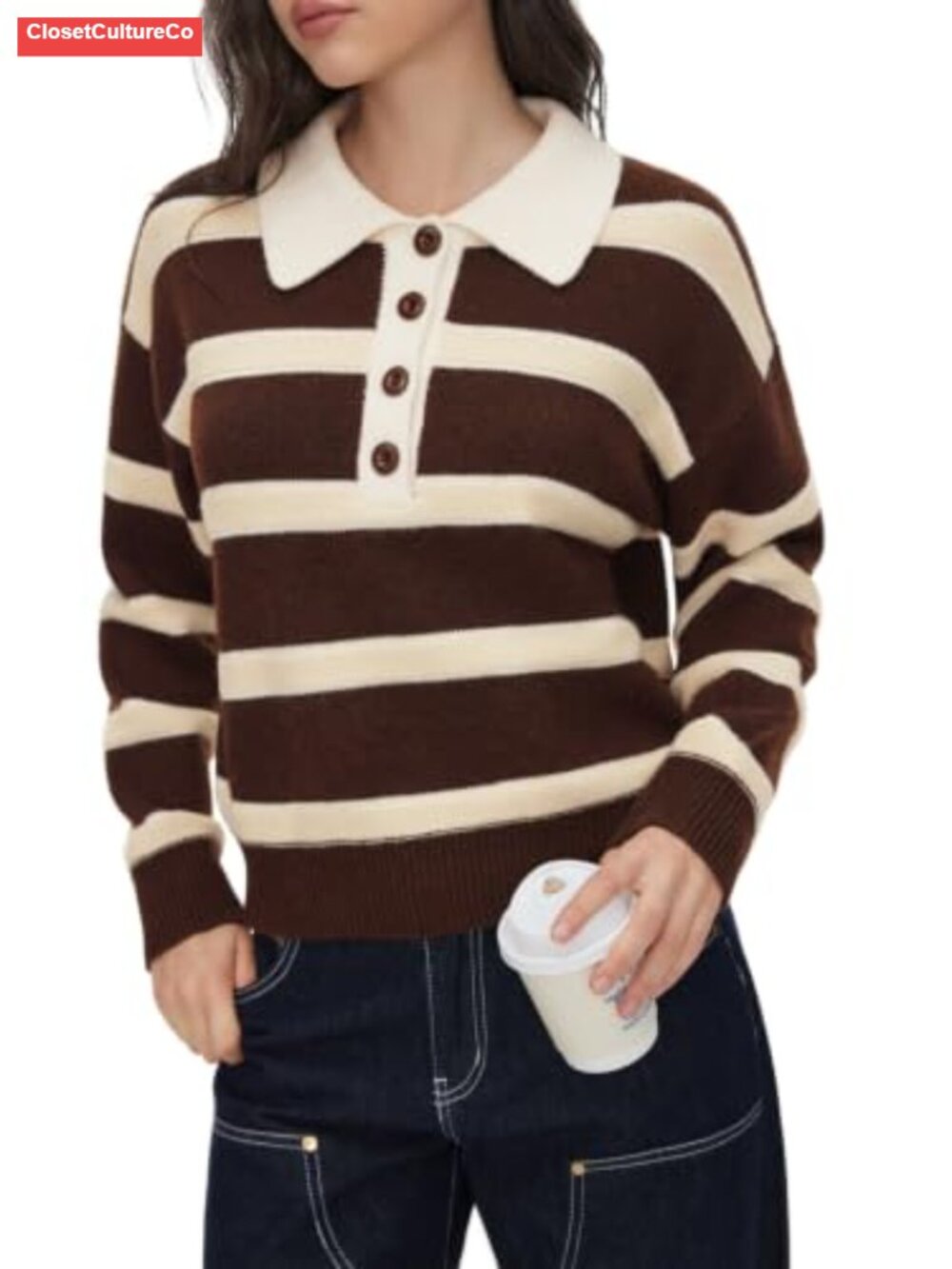 Striped Polo Sweater Half Button Knit Pullover Loose Fit Fall Shirt - Picture 5 of 6